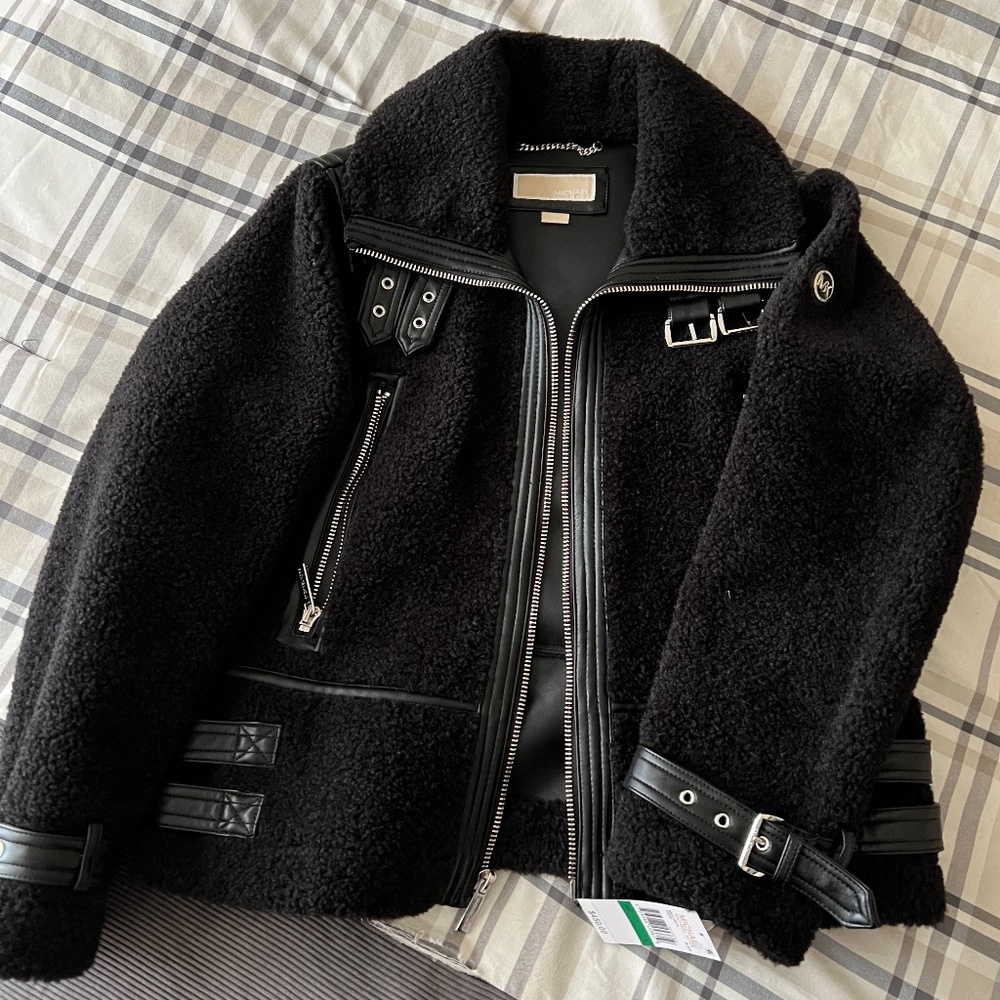 Michael Kors NWT faux fur Sherpa moto jacket size L